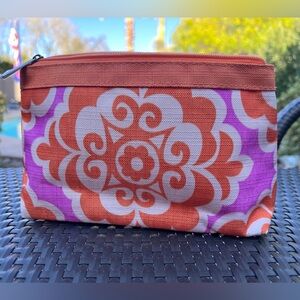 CLINIQUE Orange and Pink Patterned Cosmetic Bag with Random Bath or Body Item